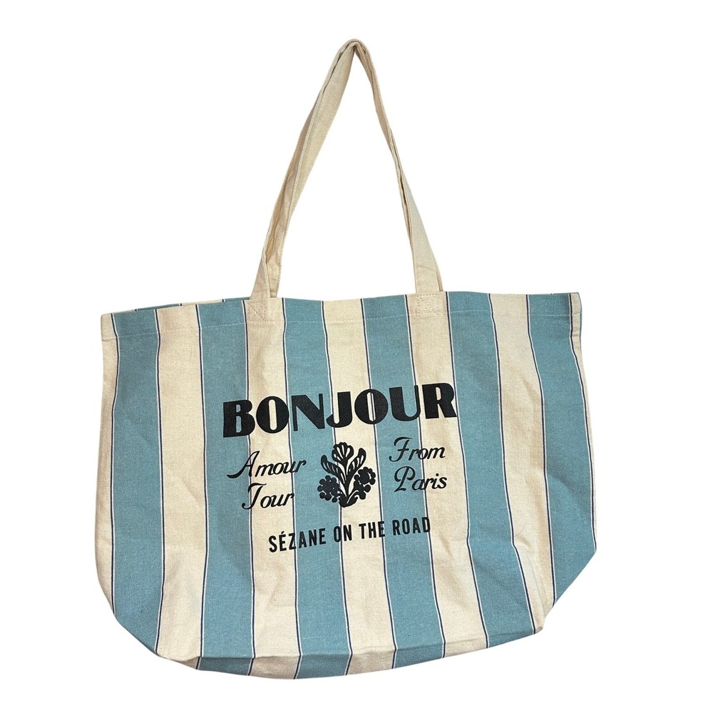 Sezane Bonjour Paris Striped Blue Cotton Canvas Tote Bag